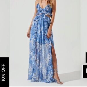 Palace Blue Floral Cutout Ruffle Maxi Dress
